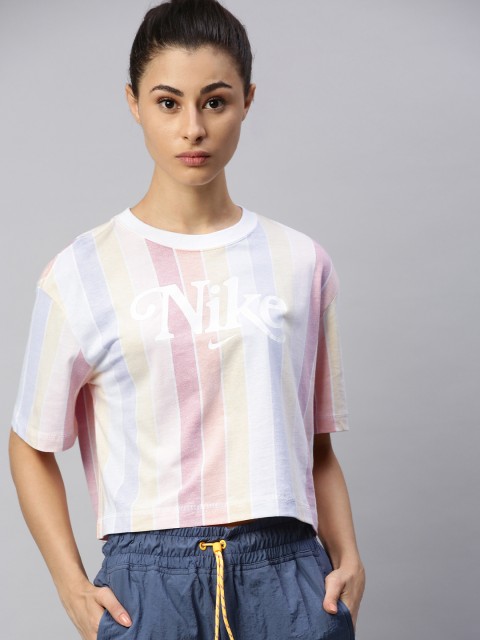 

Nike Women White and Multicolour Striped Pure Cotton Top