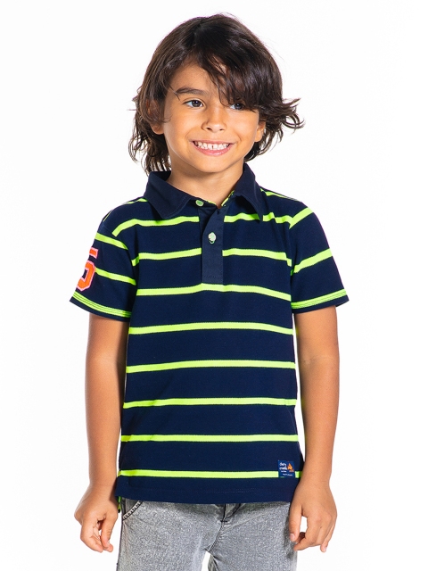 

Cherry Crumble Kids Navy Blue & Fluorescent Green Striped Polo Collar T-shirt