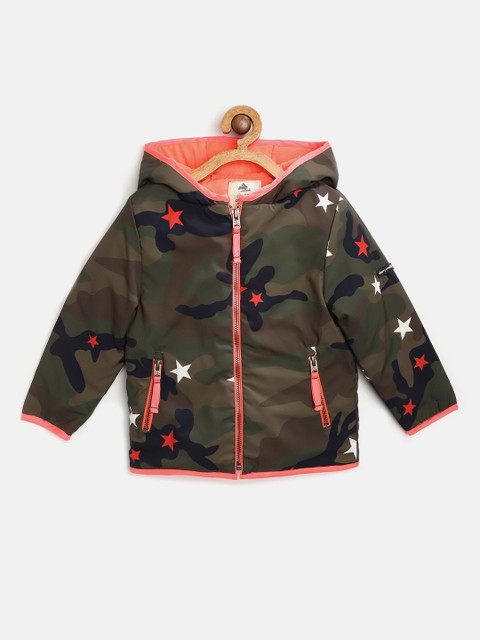 

Cherry Crumble Kids Olive Green & Navy Blue Camouflage & Star Print Hodded Padded Jacket