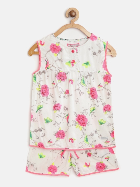 

Cherry Crumble Girls White & Pink Floral Print Night Suit