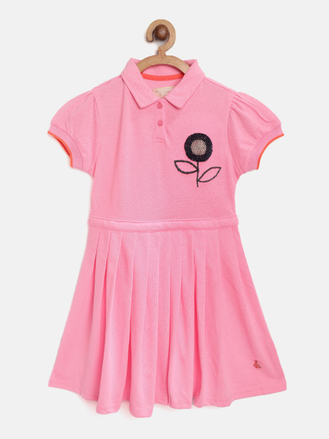 

Cherry Crumble Girls Pink Solid A-Line Dress with Beaded Floral Applique