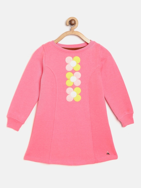 

Cherry Crumble Girls Pink Solid A-Line Dress with Floral Applique Detail