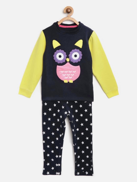 

Cherry Crumble Girls Navy Blue & Yellow Owl Applique Night Suit