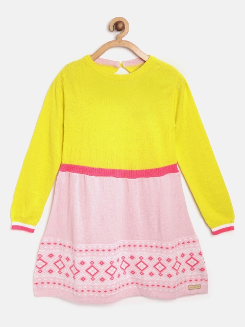 

Cherry Crumble Girls Yellow & Pink Colourblocked Sweater Dress