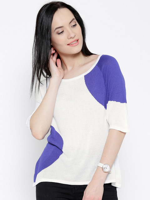 

United Colors of Benetton Women White & Purple Colourblocked Regular Top