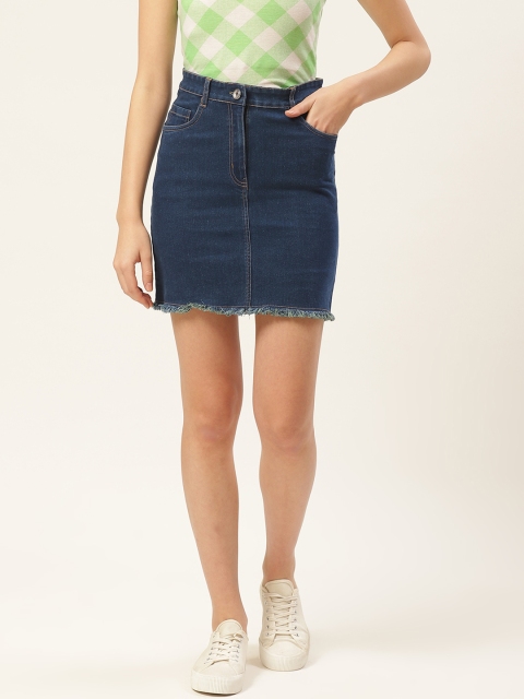 

Trend Arrest Women Blue Solid Denim Straight Pure Cotton Skirt