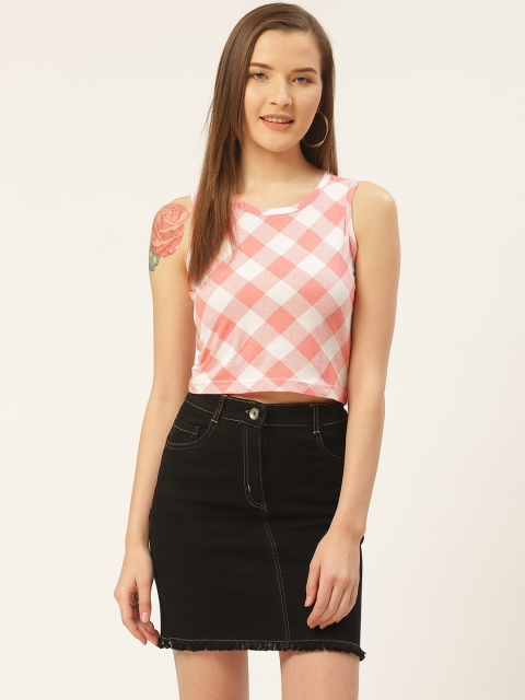 

Trend Arrest Women Pink & White Checked Round Neck T-shirt, Peach