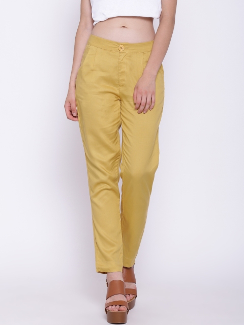 

United Colors of Benetton Women Mustard Yellow Solid Regular Fit Mid-Rise Trousers