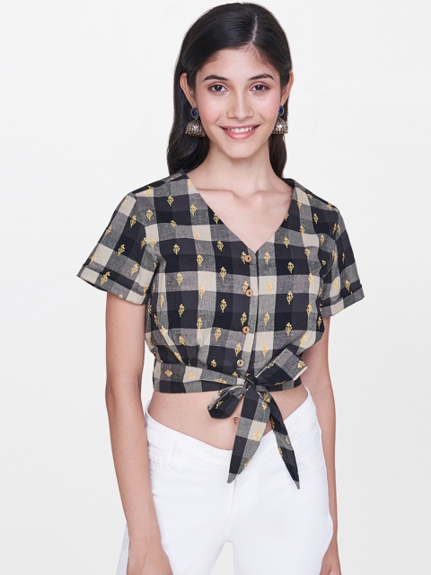 

Global Desi Women Black & Beige Checked Cropped Cinched Waist Top with Tie-Up Detail