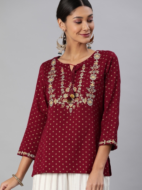 

Global Desi Women Maroon & Gold-Coloured Printed Regular Top with Embroidered Detail