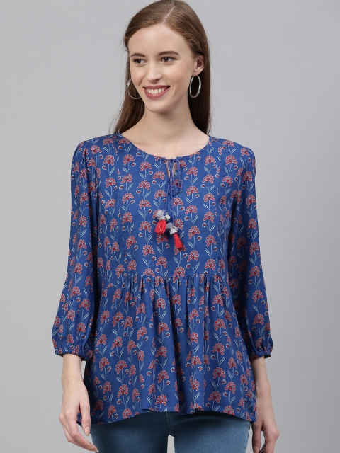 

Global Desi Women Blue & Red Floral Printed Gathered Top