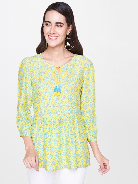 

Global Desi Women Yellow & Blue Printed Longline A-Line Top with Gathers