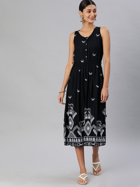 

Global Desi Women Black Printed A-Line Dress
