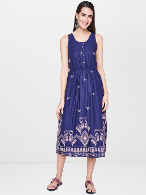

Global Desi Women Navy Blue & Pink Printed Fit and Flare Dress