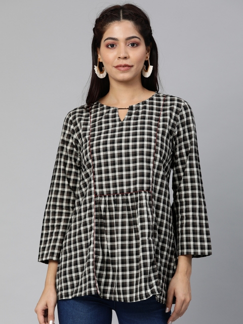

Global Desi Women Black & White Checked Pleated Longline Pure Cotton Top