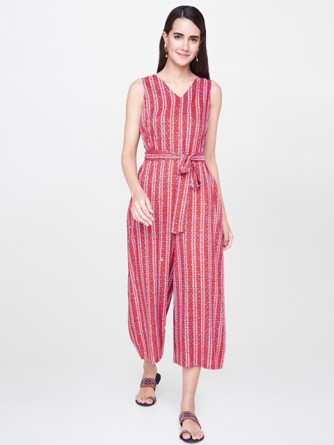 

Global Desi Women Red & Blue Printed Culotte Jumpsuit with Waist Tie-Ups