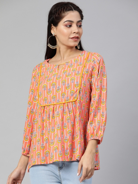 

Global Desi Women Peach-Coloured & White Floral Printed Pleated Top