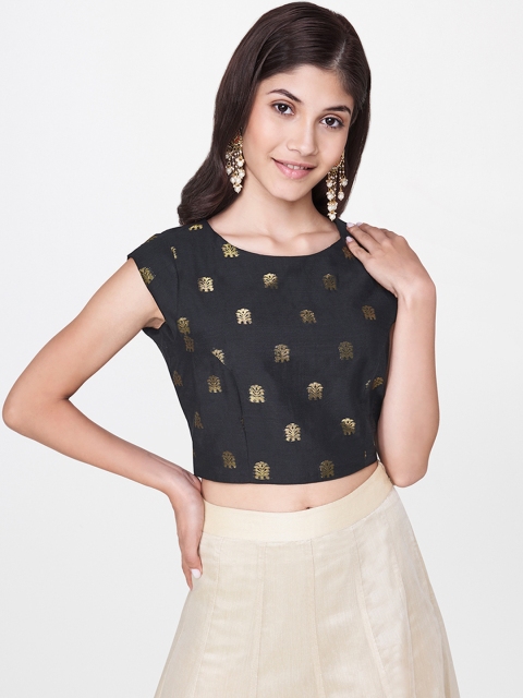 

Global Desi Women Black & Gold-Toned Woven Design High-Low Crop Top