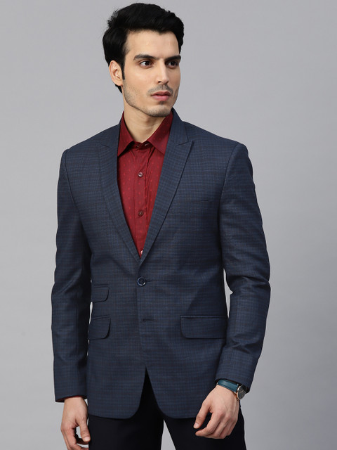 

MANQ Men Navy Checked Single-Breasted Slim Fit Formal Blazer, Navy blue