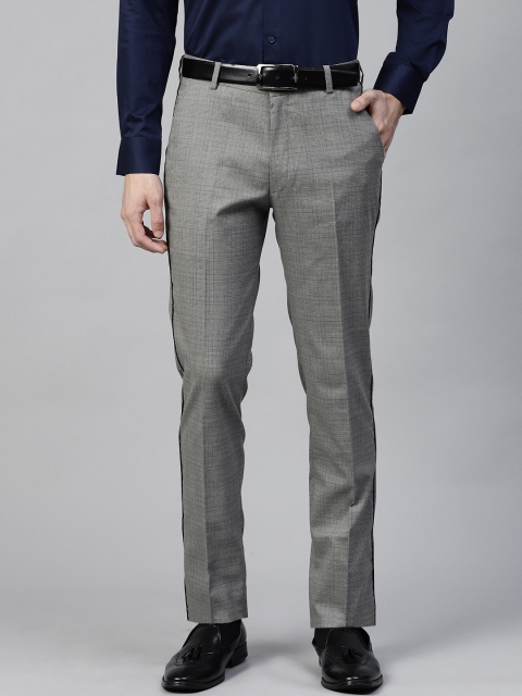 

MANQ Men Grey & Blue Slim Fit Checked Formal Trousers