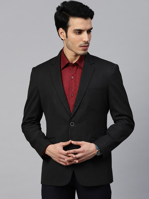 

MANQ Men Black & White Twill Weave Slim Fit Pinstriped Single Breasted Formal Blazer