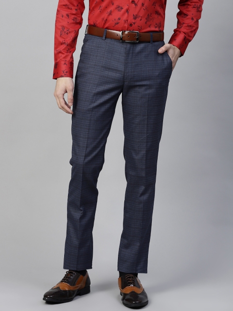 

MANQ Men Navy Blue & Off-White Slim Fit Checked Formal Trousers