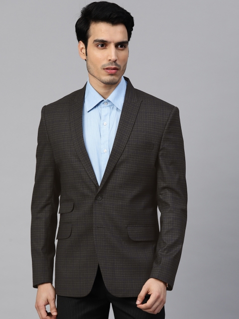 

MANQ Men Charcoal Grey & Blue Twill Weave Slim Fit Checked Single Breasted Formal Blazer