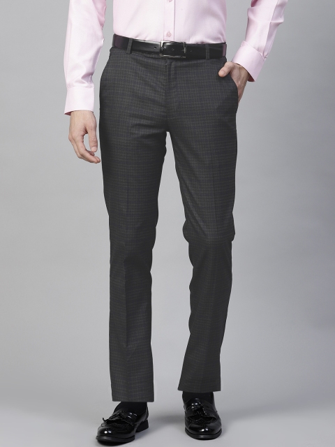 

MANQ Men Charcoal Grey & Blue Slim Fit Checked Formal Trousers