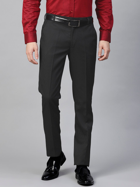 

MANQ Men Black & Grey Slim Fit Striped Formal Trousers