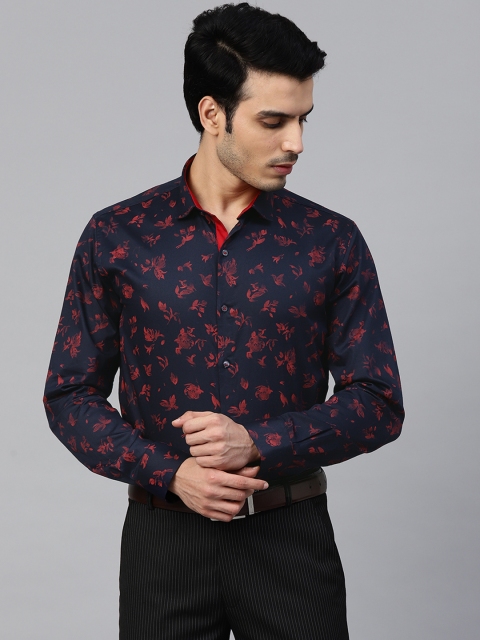 

MANQ Men Navy Blue & Peach-Coloured Slim Fit Printed Smart Casual Shirt