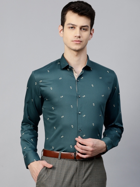 

MANQ Men Teal Green & Beige Micro Ditsy Scooty Print Slim Fit Printed Smart Casual Shirt