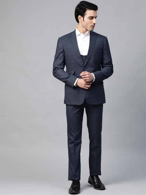 

MANQ Men Navy Blue Checked Slim Fit Single-Breasted Suit