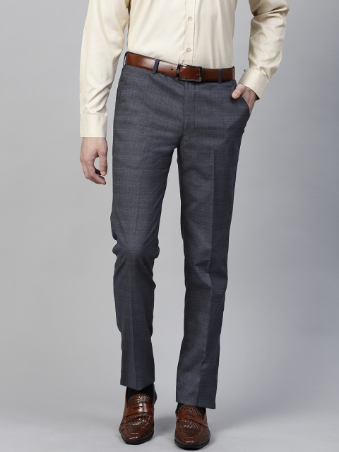 

MANQ Men Navy Blue & Mustard Yellow Slim Fit Checked Formal Trousers
