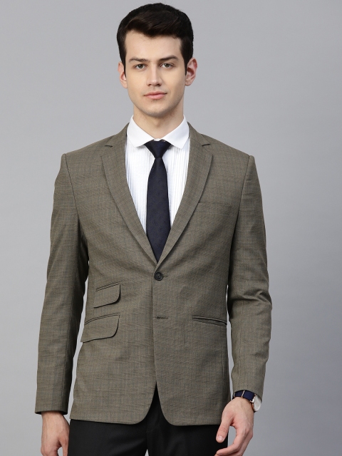 

MANQ Men Olive Brown & Blue Checked Single-Breasted Slim Fit Formal Blazer