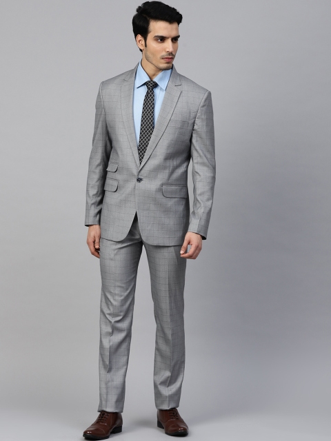 

MANQ Men Grey Checked Slim Fit Single Breasted Suit
