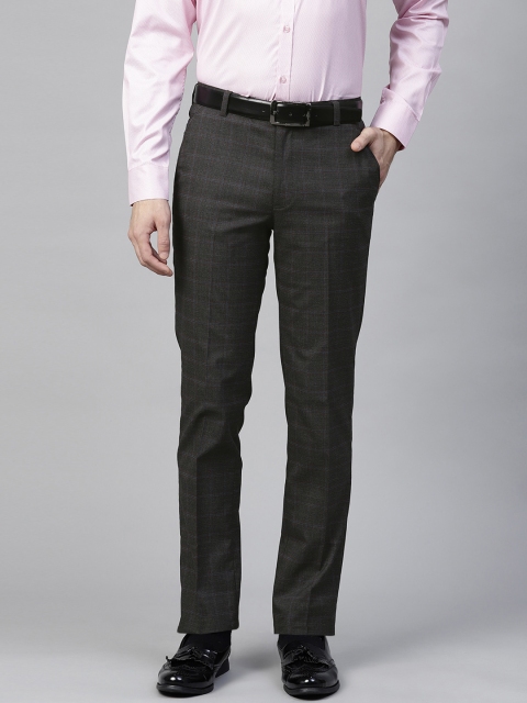 

MANQ Men Charcoal Grey Slim Fit Checked Formal Trousers