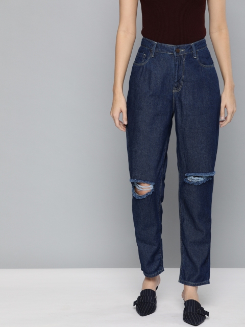 

HERE&NOW Women Navy Blue Regular Fit Mid-Rise Slash Knee Jeans