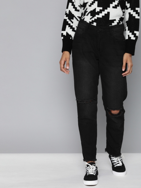 

HERE&NOW Women Grey Boyfriend Fit Mid-Rise Slash Knee Jeans