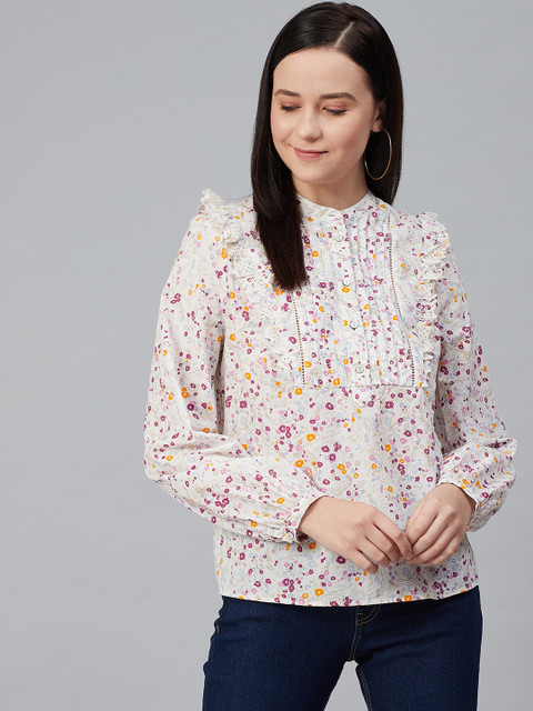 

Marks & Spencer Women Off-White & Pink Floral Printed Pure Cotton Top