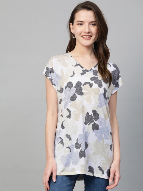 

Marks & Spencer Women Off-White & Grey Printed Longline V-Neck T-shirt