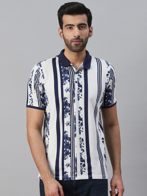 

Blackberrys Men White & Navy Slim Fit Striped Polo Collar T-shirt with Floral Print Detail