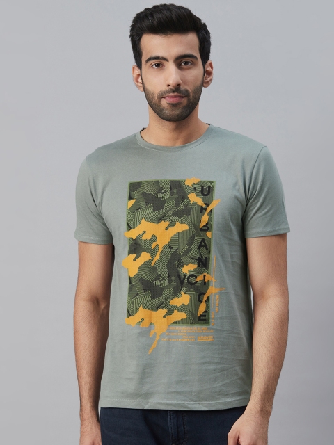 

Blackberrys Men Grey & Olive Green Slim Fit Camouflage Print Round Neck T-shirt
