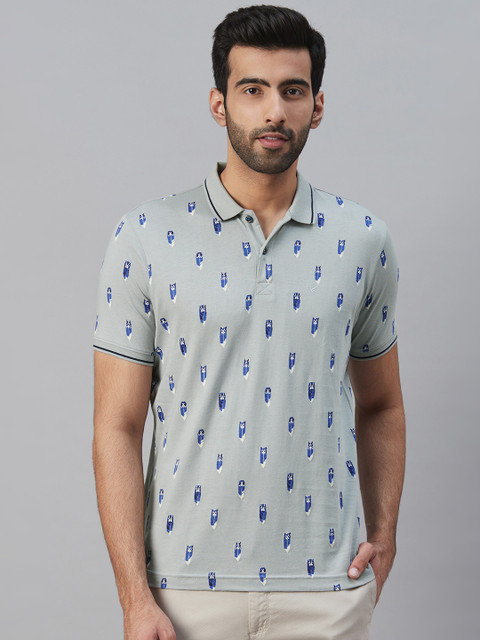 

Blackberrys Men Grey & Blue Owl Print Polo Collar T-shirt