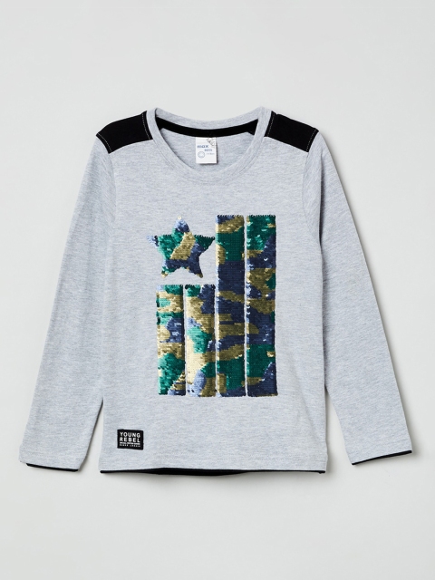

max Boys Grey Melange & Green Sequinned T-shirt