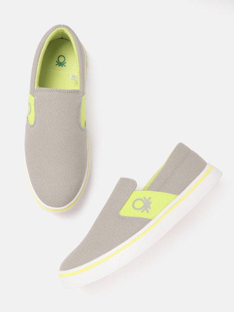 

United Colors of Benetton Men Grey & Fluorescent Green Colourblocked Slip-On Sneakers
