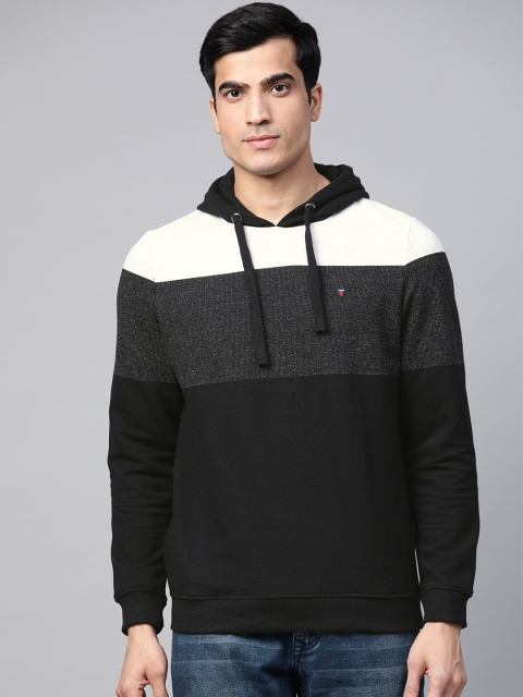 

Louis Philippe Jeans Men Black & White Colourblocked Hooded Sweatshirt