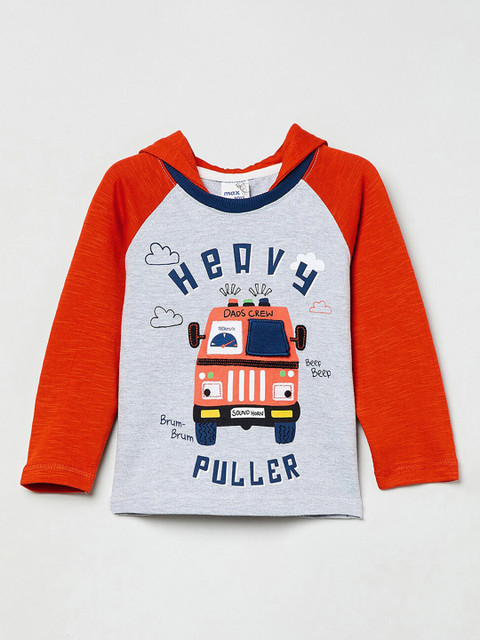 

max Boys Grey Melange & Orange Printed Hood T-shirt