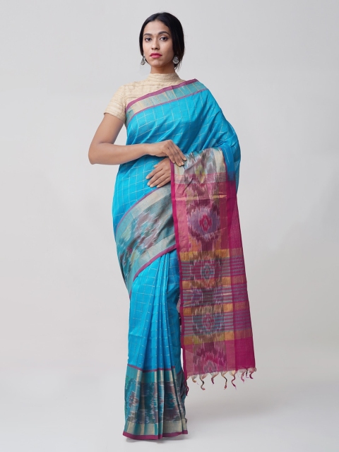

Unnati Silks Blue & Pink Silk Cotton Striped Uppada Handloom Sustainable Saree