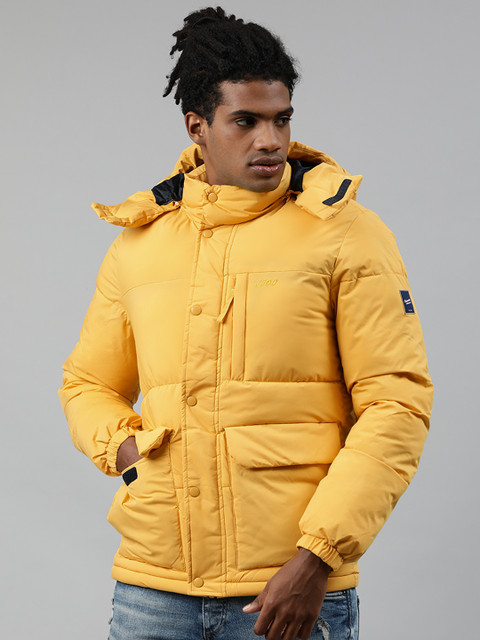 

Jack & Jones Men Yellow Solid Puffer Hooded Jacket