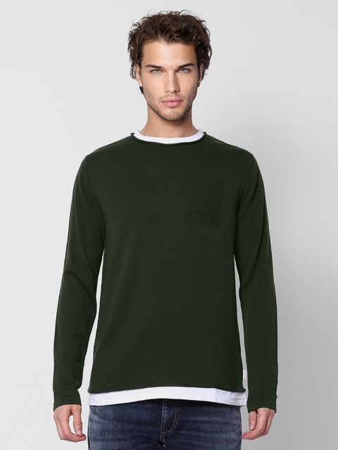 

Jack & Jones Men Olive Green Solid Slim Fit Pullover Sweater with Contrast Taping